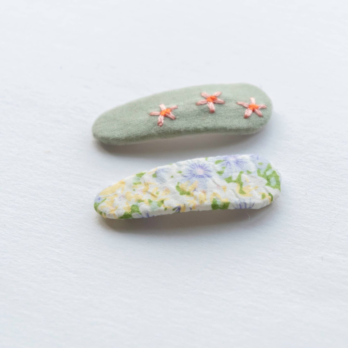 Triangle Embroidered Floral Snap Hair Clips, Sage