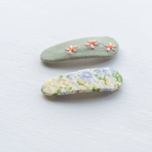 Triangle Embroidered Floral Snap Hair Clips, Sage