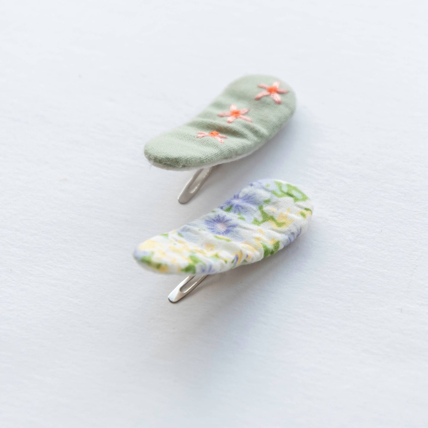 Triangle Embroidered Floral Snap Hair Clips, Sage