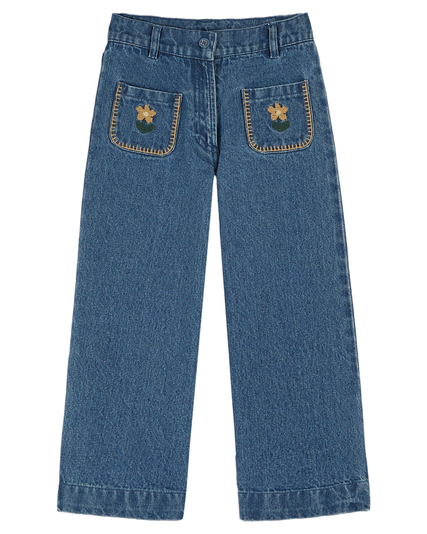 Embroidered Denim Flower Pocket Pant