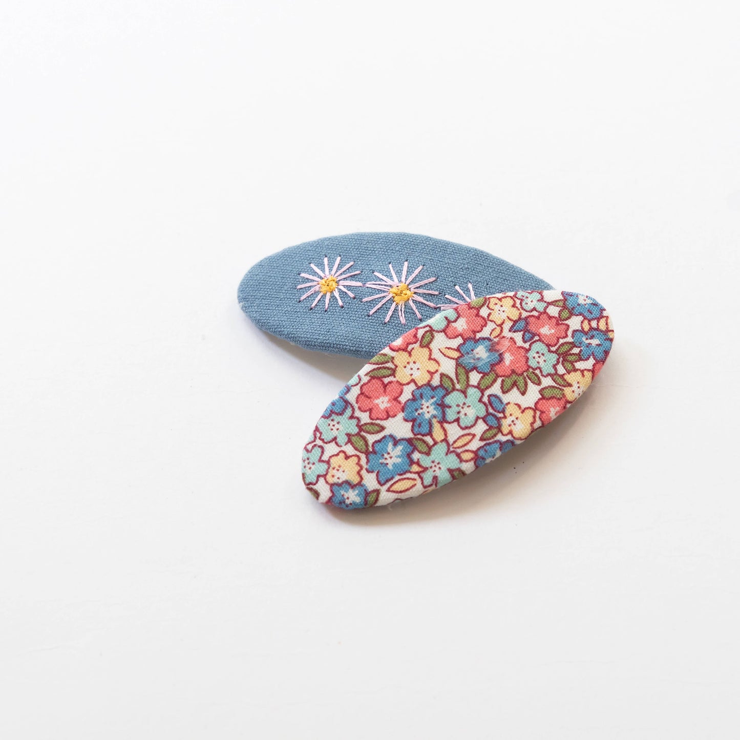 Oval Embroidered Floral Snap Hair Clips, Blue