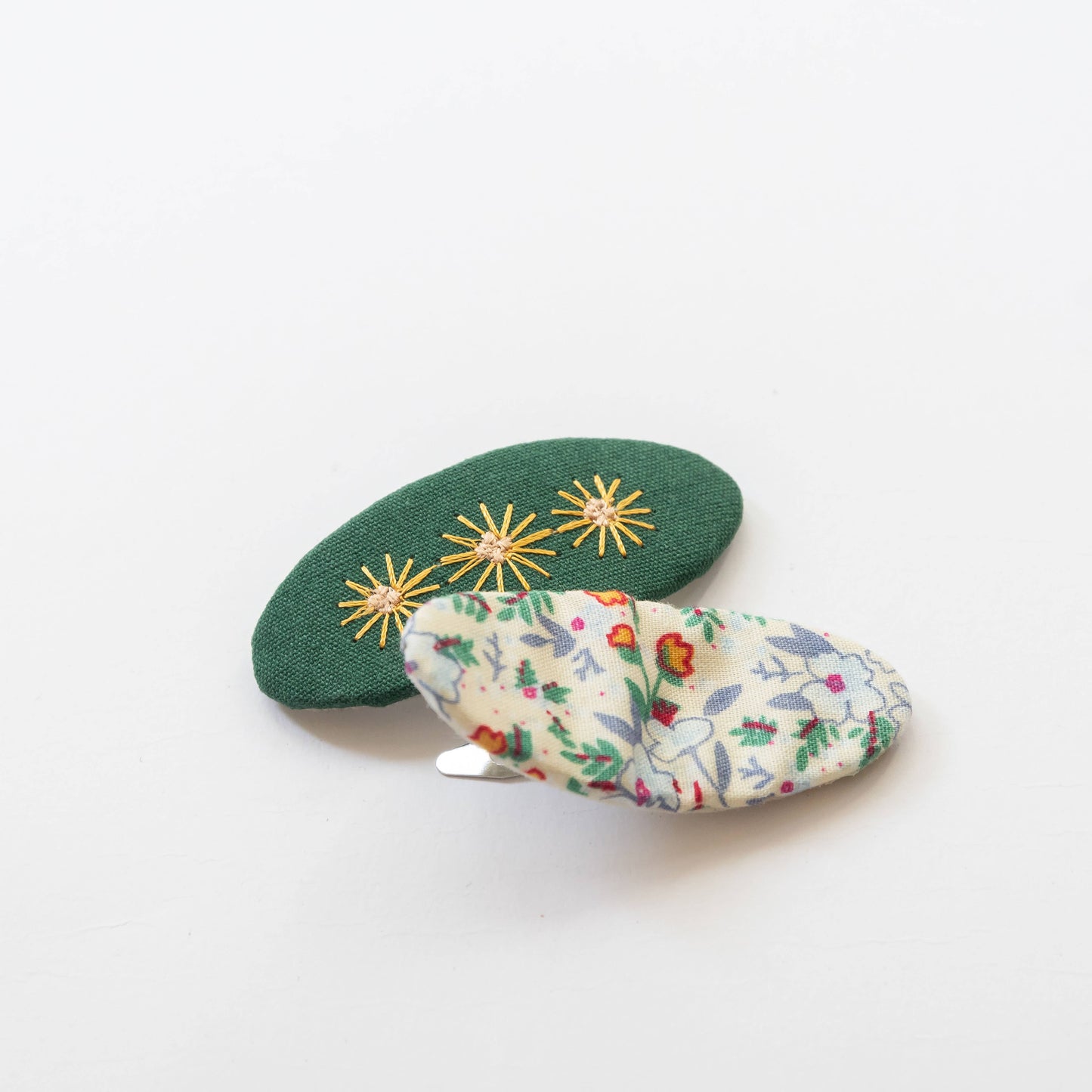 Oval Embroidered Floral Snap Hair Clips, Green