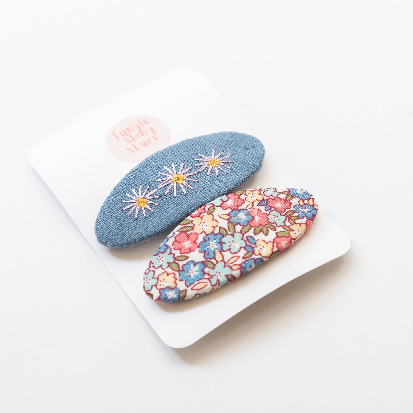 Oval Embroidered Floral Snap Hair Clips, Blue