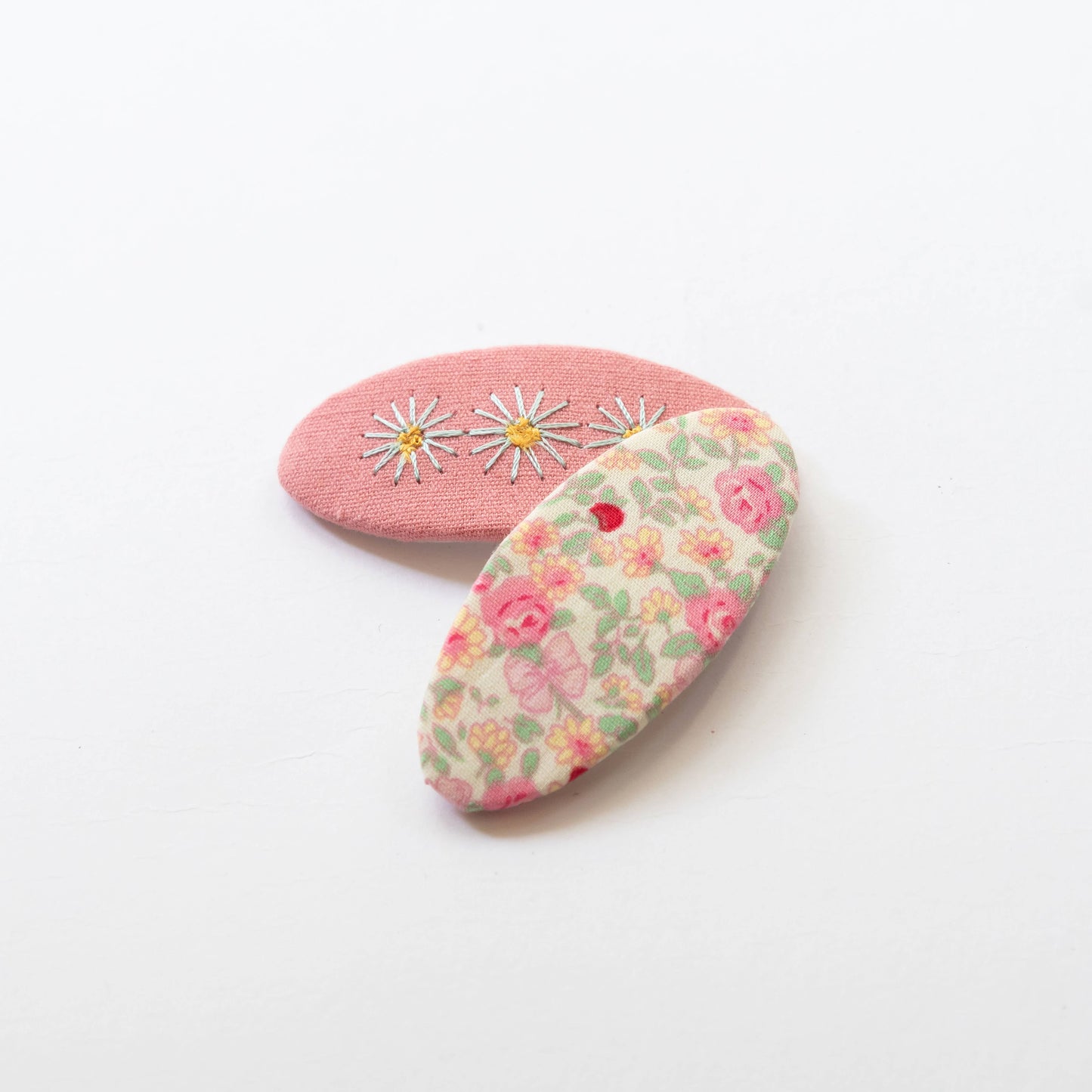 Oval Embroidered Floral Snap Hair Clips, Coral Pink